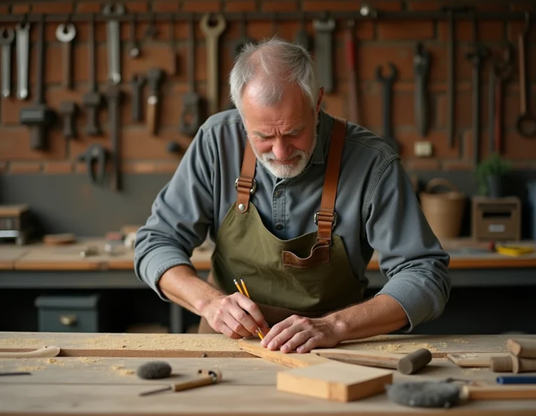 Homme bricoleur mesurant une planche en bois dans un atelier rustique équipé d'outils artisanaux