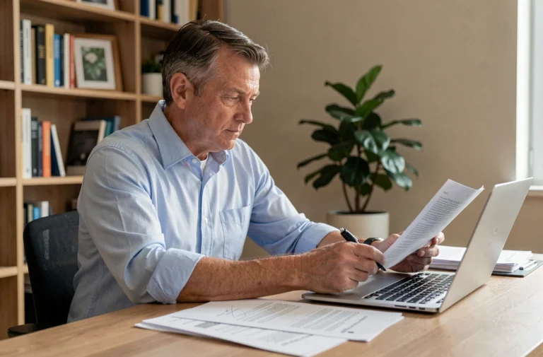 Homme en chemise bleue comparant des documents de crédit sur un bureau en bois avec un ordinateur portable