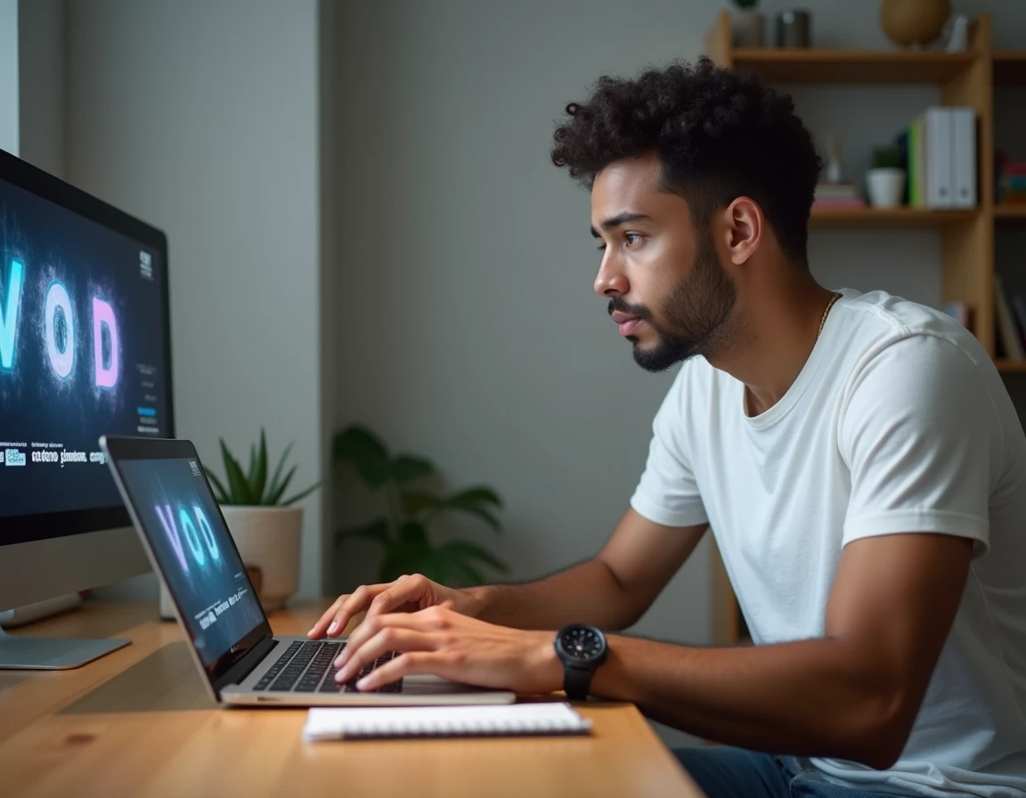 Homme évaluant les fonctionnalités et avantages d'un service VOD sur son ordinateur portable