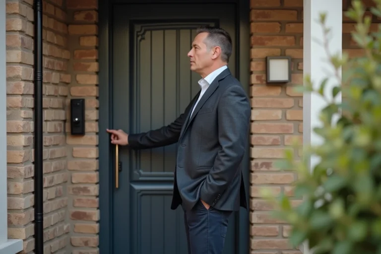 Homme d'âge moyen examine une porte moderne devant une maison en banlieue