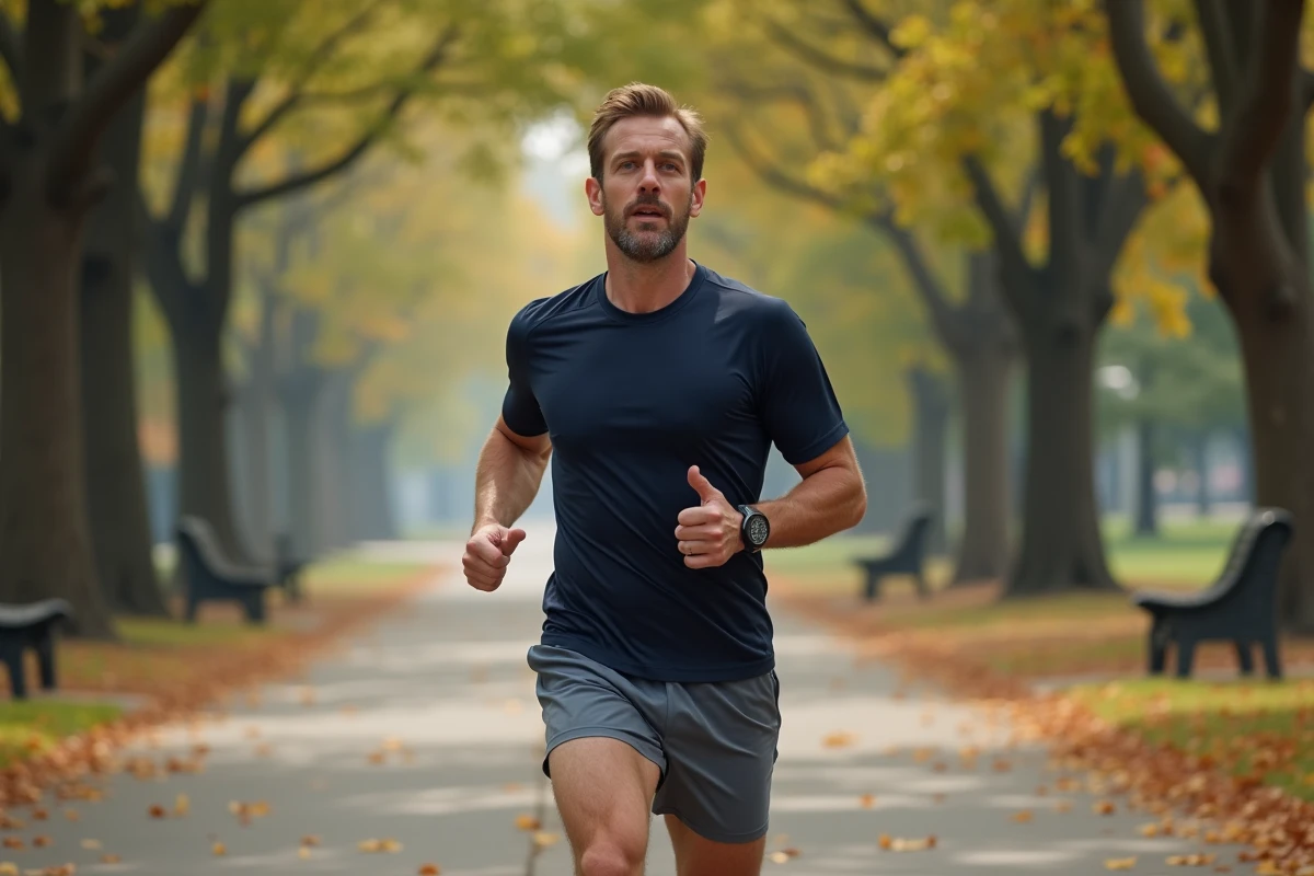 Homme en train de courir dans un parc urbain arboré pour améliorer son bien-être physique au quotidien