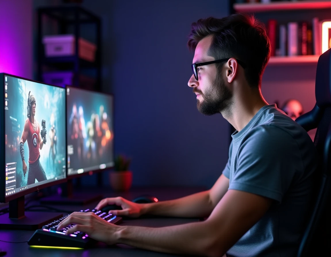 Homme adulte jouant à des jeux en ligne gratuits sur un double écran dans une salle de gaming à domicile