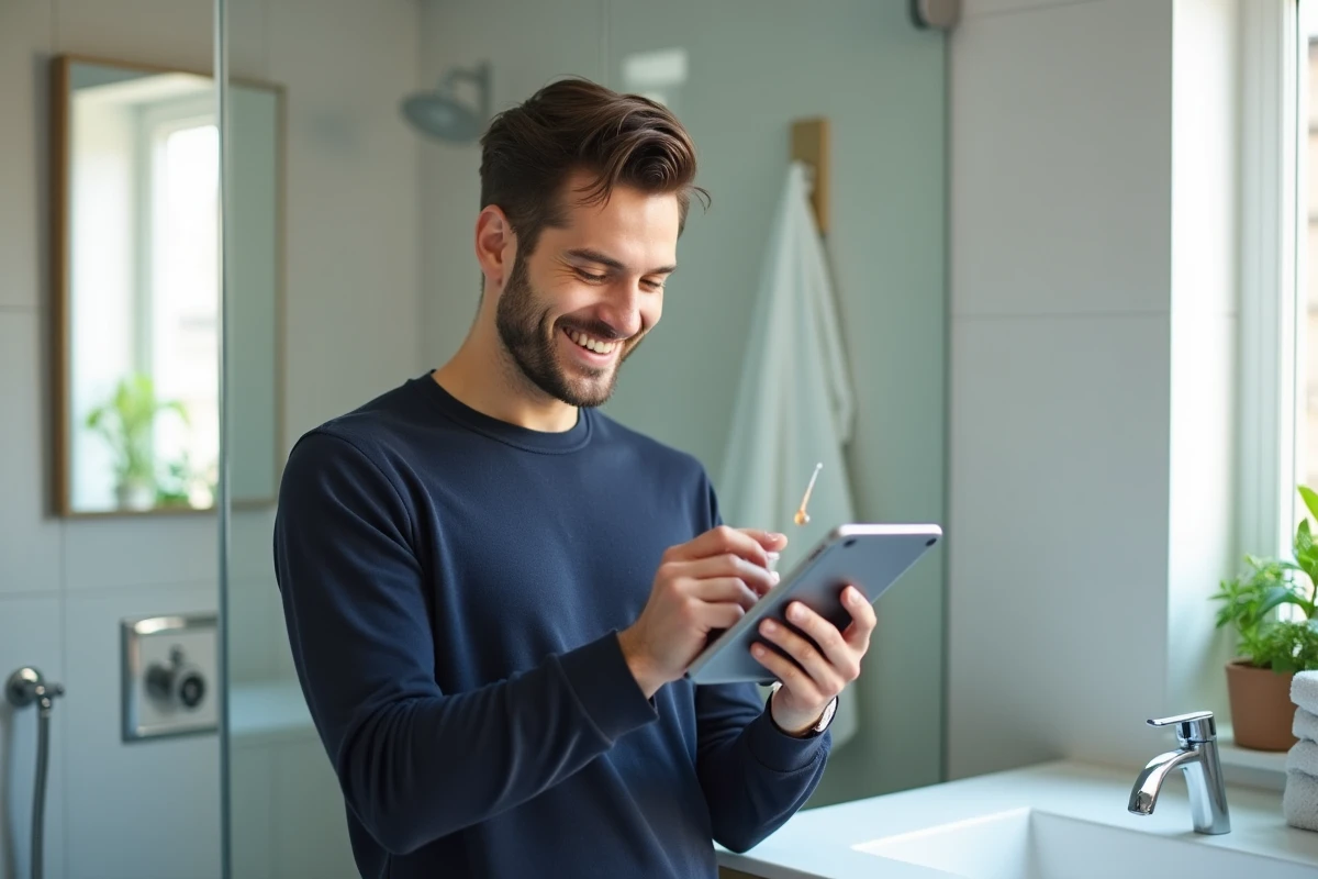 Jeune homme utilisant une tablette pour tutoriels beauté