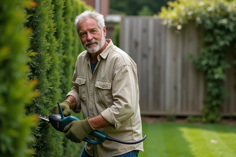 Homme d'âge mûr utilisant un taille-haie électrique pour entretenir une haie verte dans un jardin résidentiel soigné