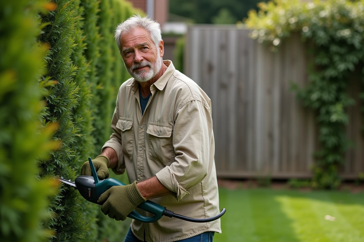 Homme d'âge mûr utilisant un taille-haie électrique pour entretenir une haie verte dans un jardin résidentiel soigné