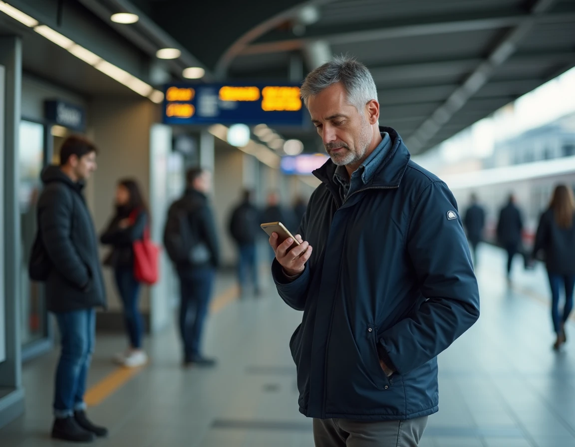 Un homme consulte son téléphone pour contacter la SNCF dans une gare ferroviaire française
