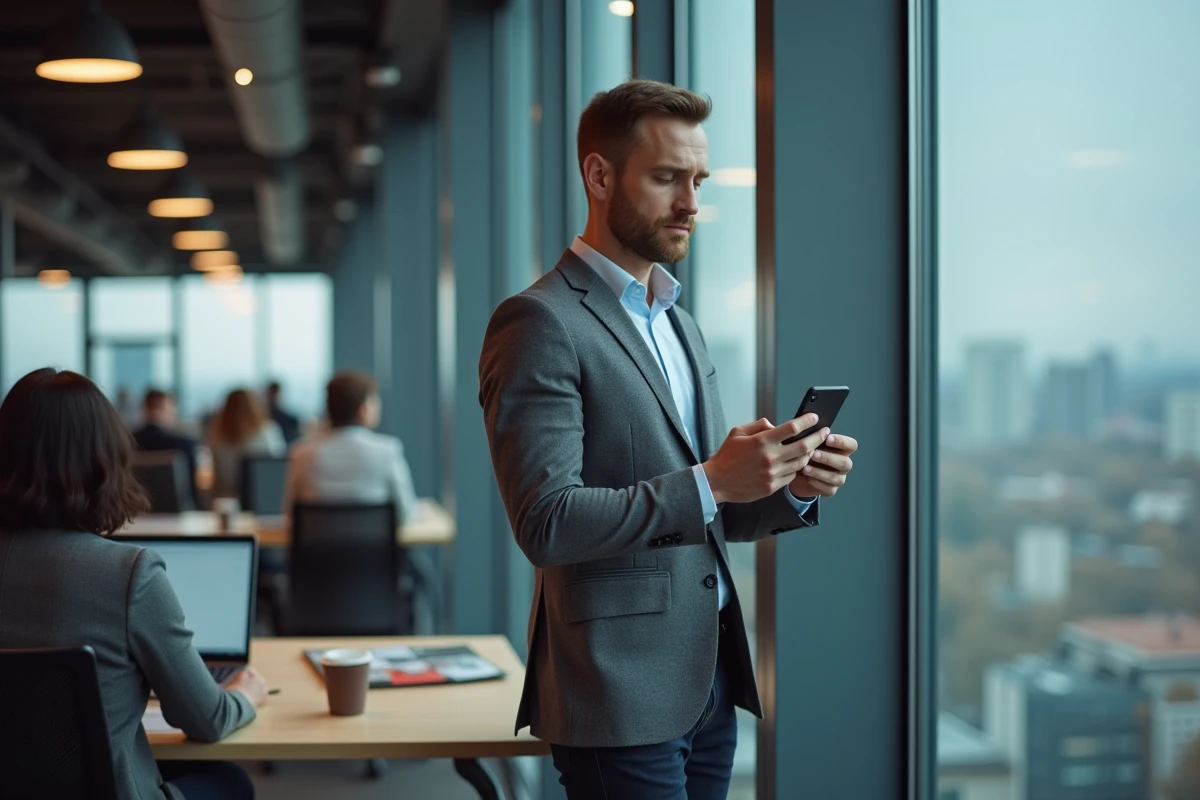 Homme lisant les tendances numériques sur smartphone dans un espace de coworking
