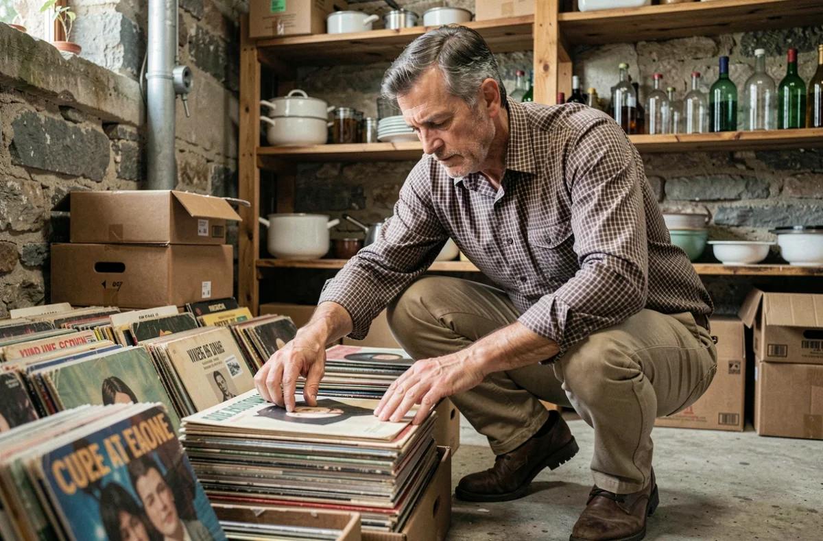 Homme fouillant des vinyles anciens lors d'un vide maison dans un garage en France