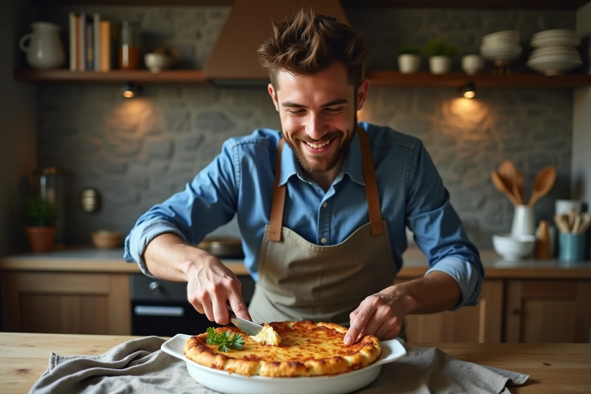 Jeune homme coupant un gratin dans une cuisine rustique