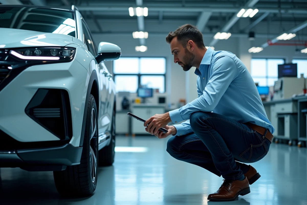 Ingénieur automobile examinant un véhicule hybride dans un laboratoire