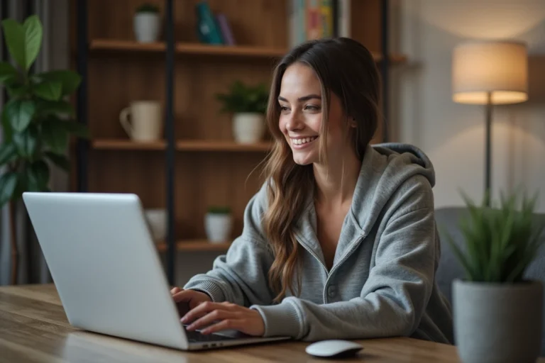Jeune femme au bureau regardant un site de streaming
