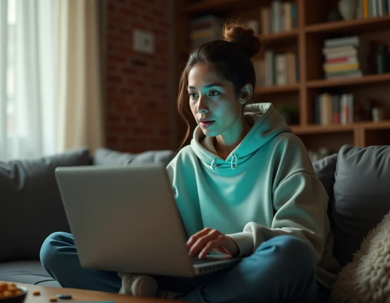 Jeune femme jouant à un jeu en ligne gratuit sur un ordinateur portable dans un salon moderne et cosy