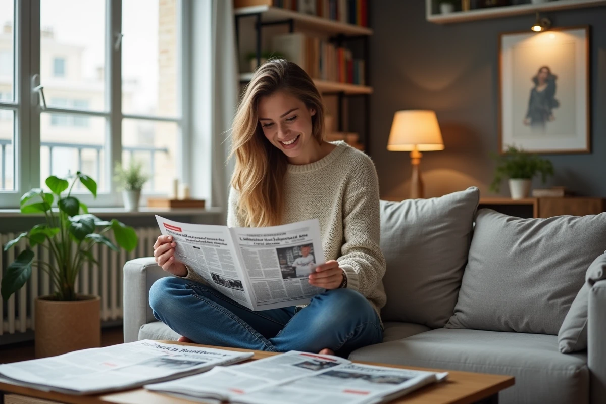 Jeune femme lisant des journaux dans un salon moderne
