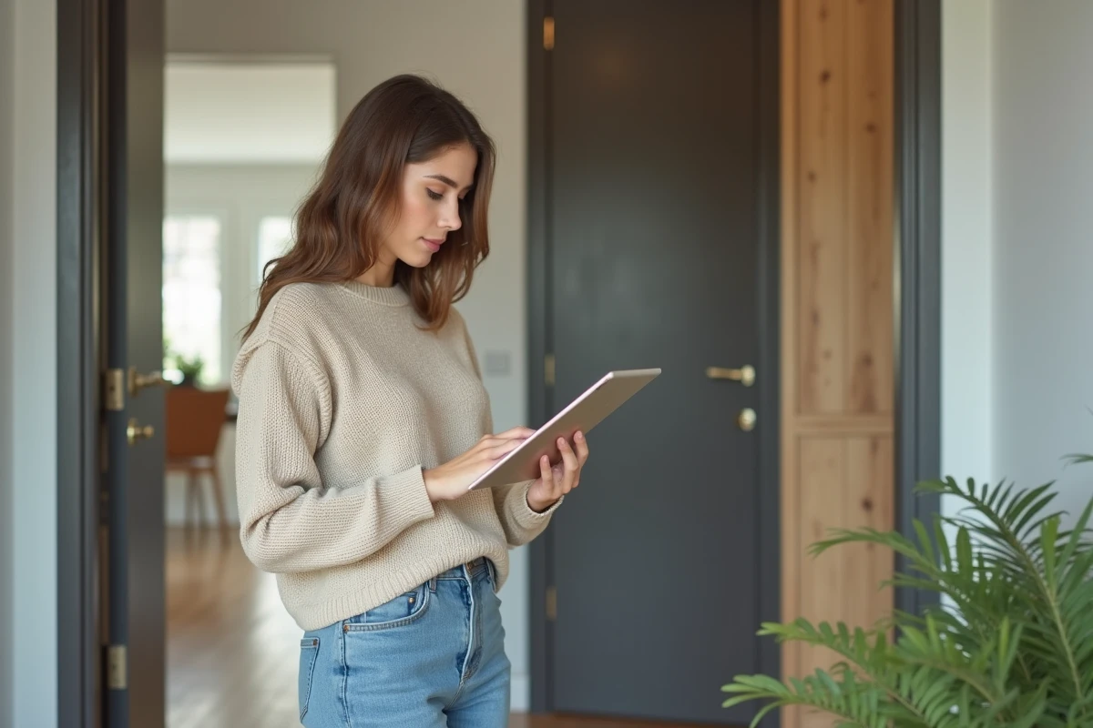 Jeune femme regarde une tablette près d