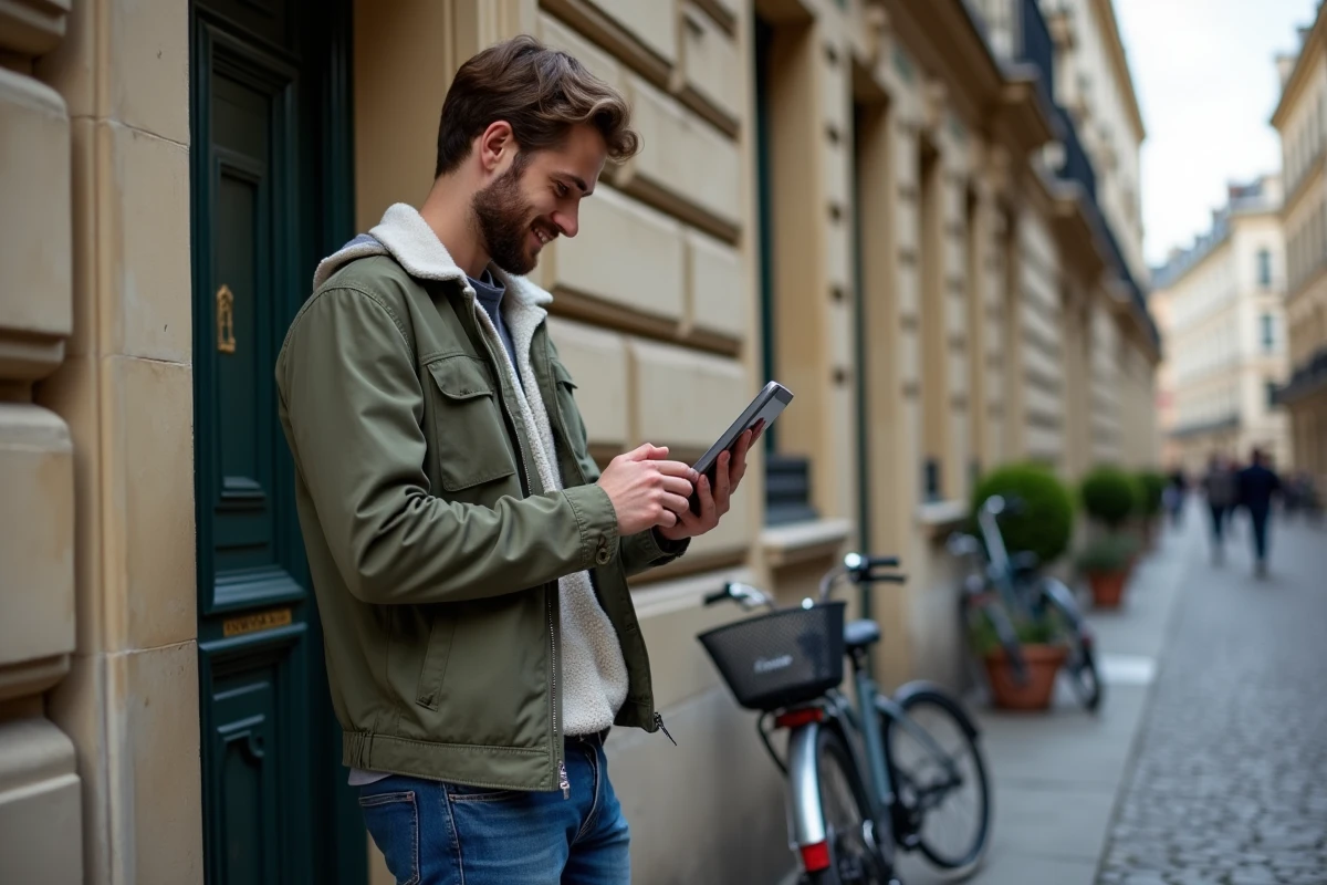 Jeune homme regardant une maison ancienne avec tablette en main