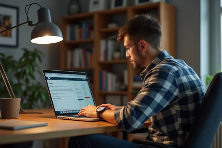 Jeune homme en plaid et jeans utilisant un ordinateur portable