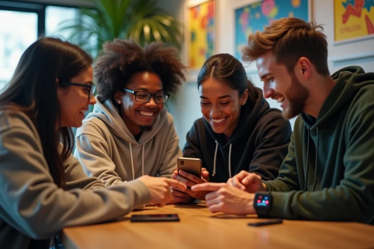Groupe de jeunes adultes avec gadgets tech dans un café moderne