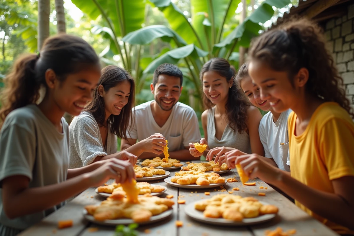 Jeunes amis partageant des samoussas en extérieur à la Réunion