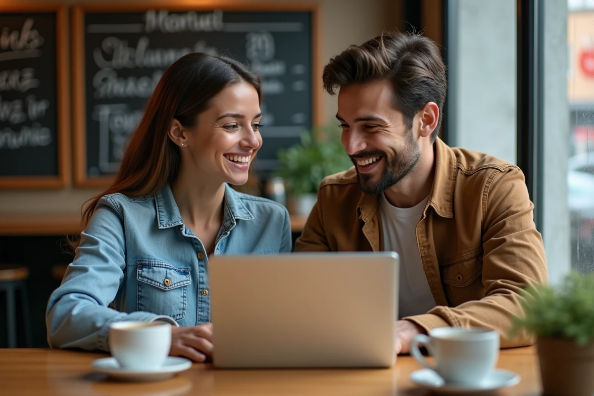 Deux jeunes professionnels discutant des tendances web actuelles autour d'un ordinateur portable dans un café