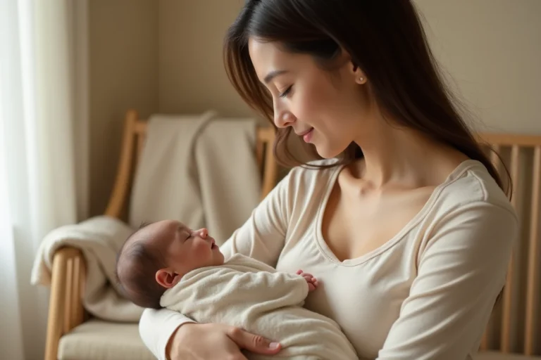 Jeune maman tenant son nouveau-né contre elle dans une chambre de bébé, regard maternel bienveillant illustrant le lien mère-enfant dès la naissance