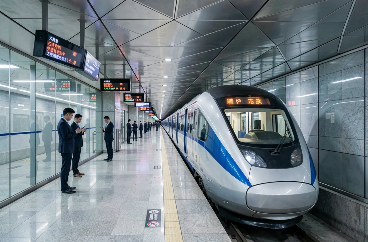 Train de métro ultramoderne entrant en gare souterraine à Shanghai, l'un des métros les plus rapides du monde en 2024