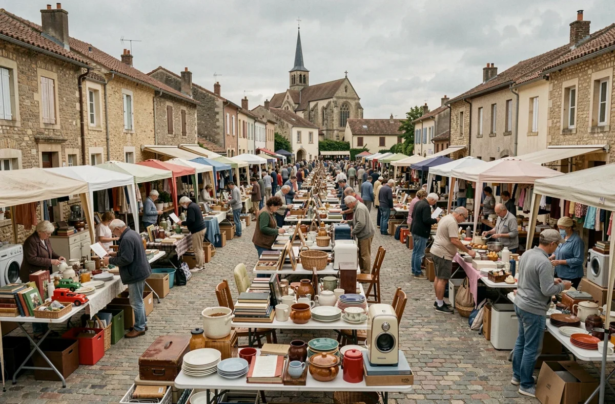Vue panoramique d'un vide grenier animé sur une place de village en France avec de nombreux exposants