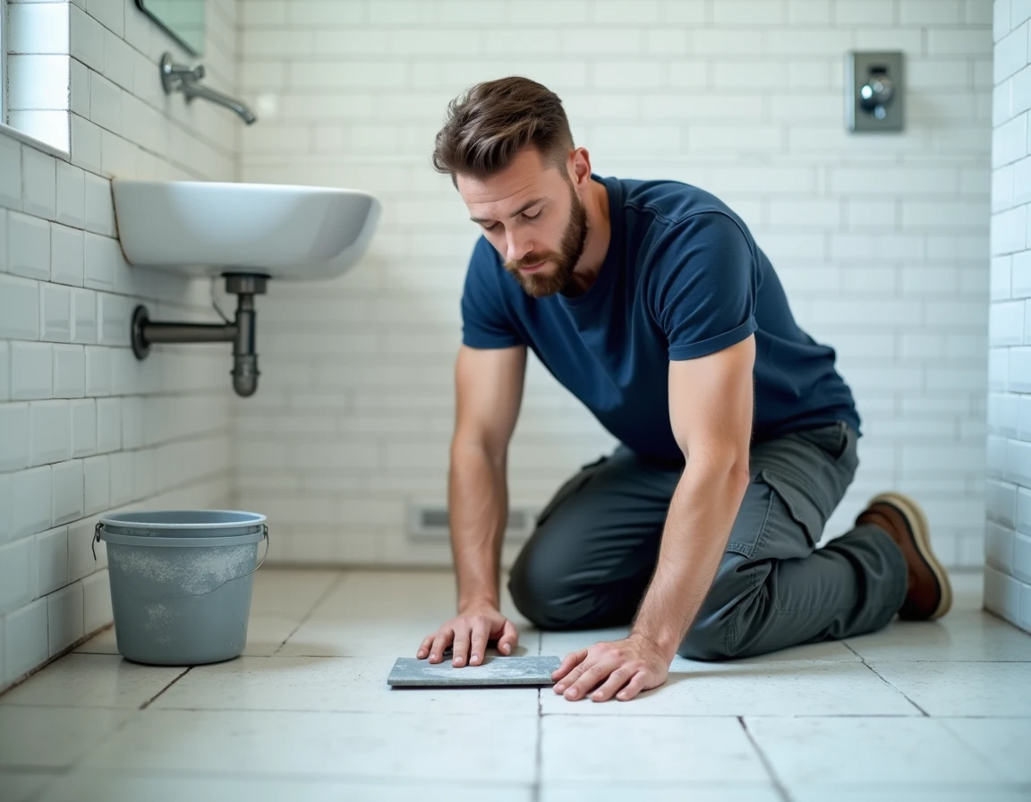 Homme appliquant du joint de carrelage sur un sol de salle de bain en faïence blanche lors de travaux de rénovation