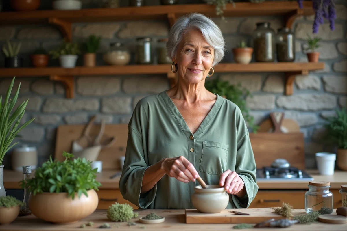 Femme préparant des herbes médicinales et des tisanes dans une cuisine naturelle pour le bien-être quotidien