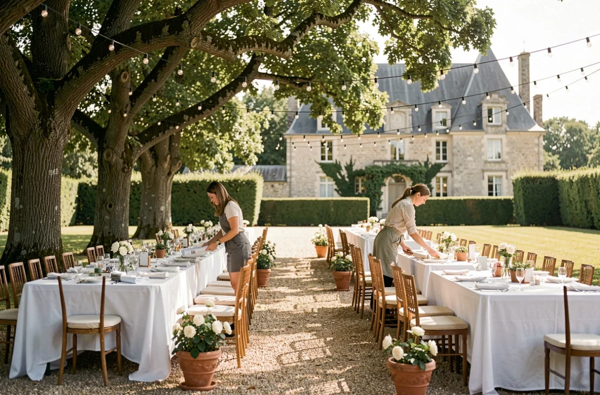 Préparation d'une salle de mariage en plein air dans un jardin de château français avec décoration de tables