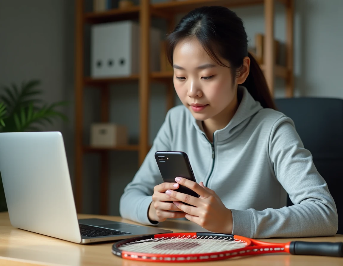 Femme scannant le QR code d'authentification d'une raquette Yonex avec son smartphone