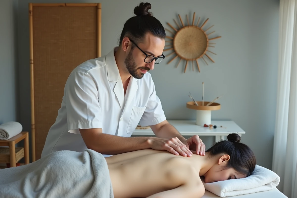 Praticien réalisant une séance d'acupuncture sur une patiente dans un cabinet de médecine complémentaire