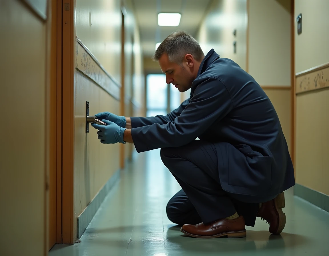 Serrurier examinant des traces d'effraction sur une serrure de porte d'appartement dans un couloir d'immeuble