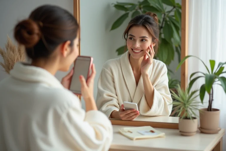 Femme appliquant une creme visage dans sa chambre cosy