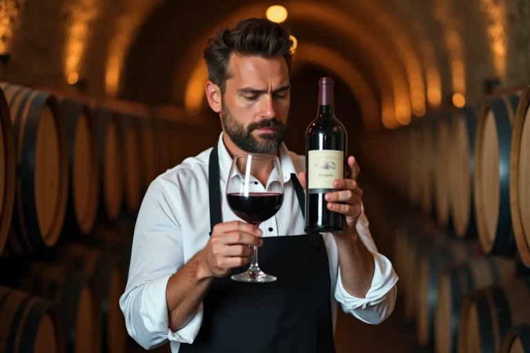 Sommelier examinant une bouteille de vin rouge de Bourgogne dans une cave à vin en pierre pour accompagner un veau aux morilles
