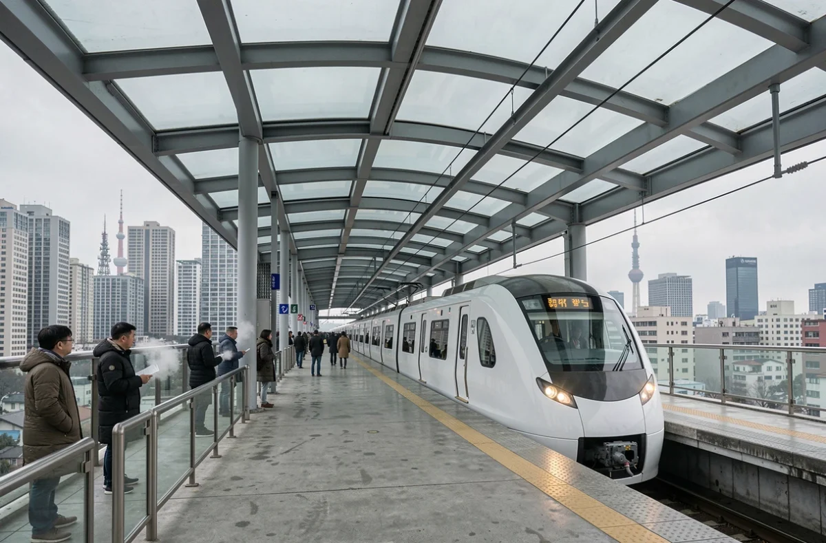 Station de métro surélevée à Séoul avec une rame moderne à l'arrêt, skyline urbaine en arrière-plan, classement des métros les plus rapides du monde