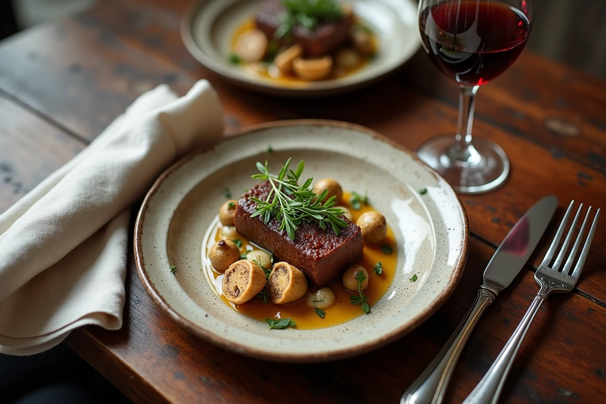 Table dressée avec un verre de vin rouge et une assiette de veau aux morilles dans un bistrot français raffiné