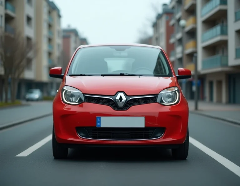 Renault Twingo 3 rouge garée en ville avec jauge de carburant en réserve visible à travers le pare-brise