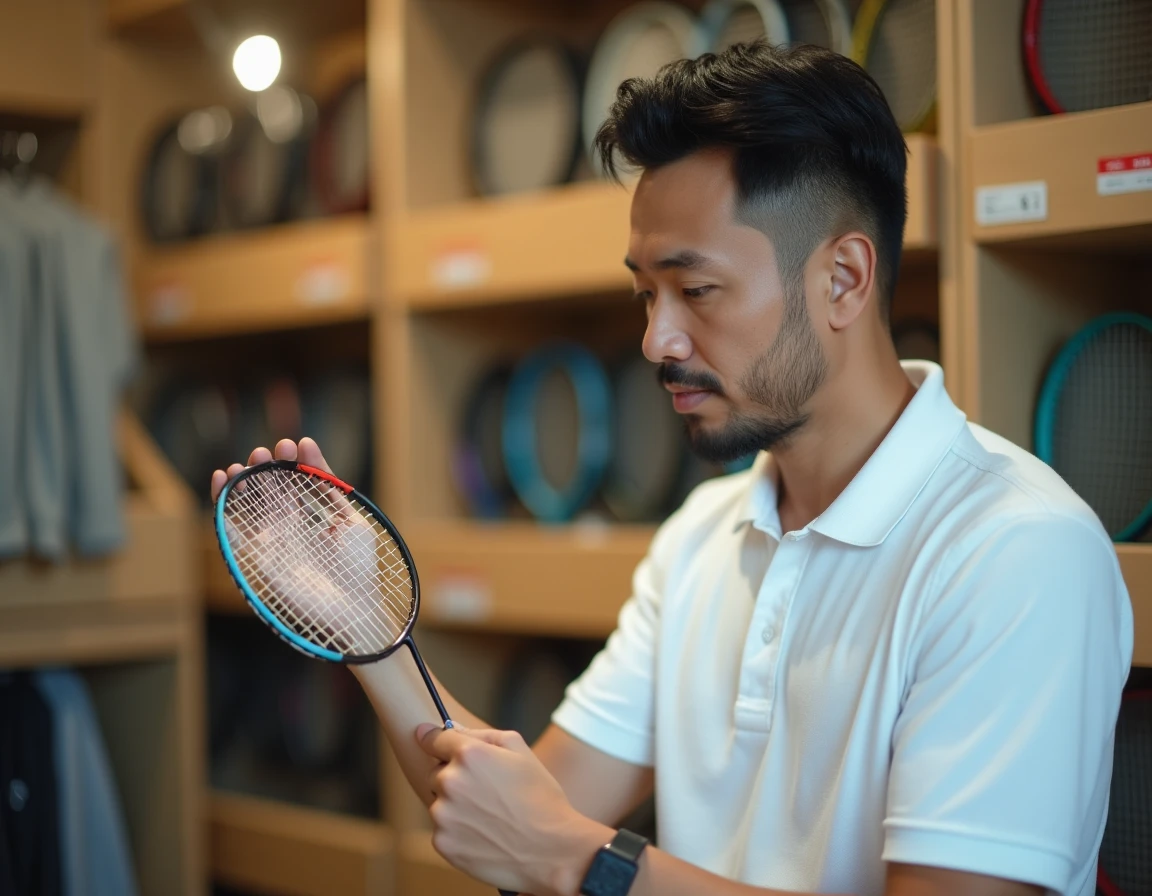 Homme vérifiant le code d'authentification sur une raquette Yonex en magasin de sport