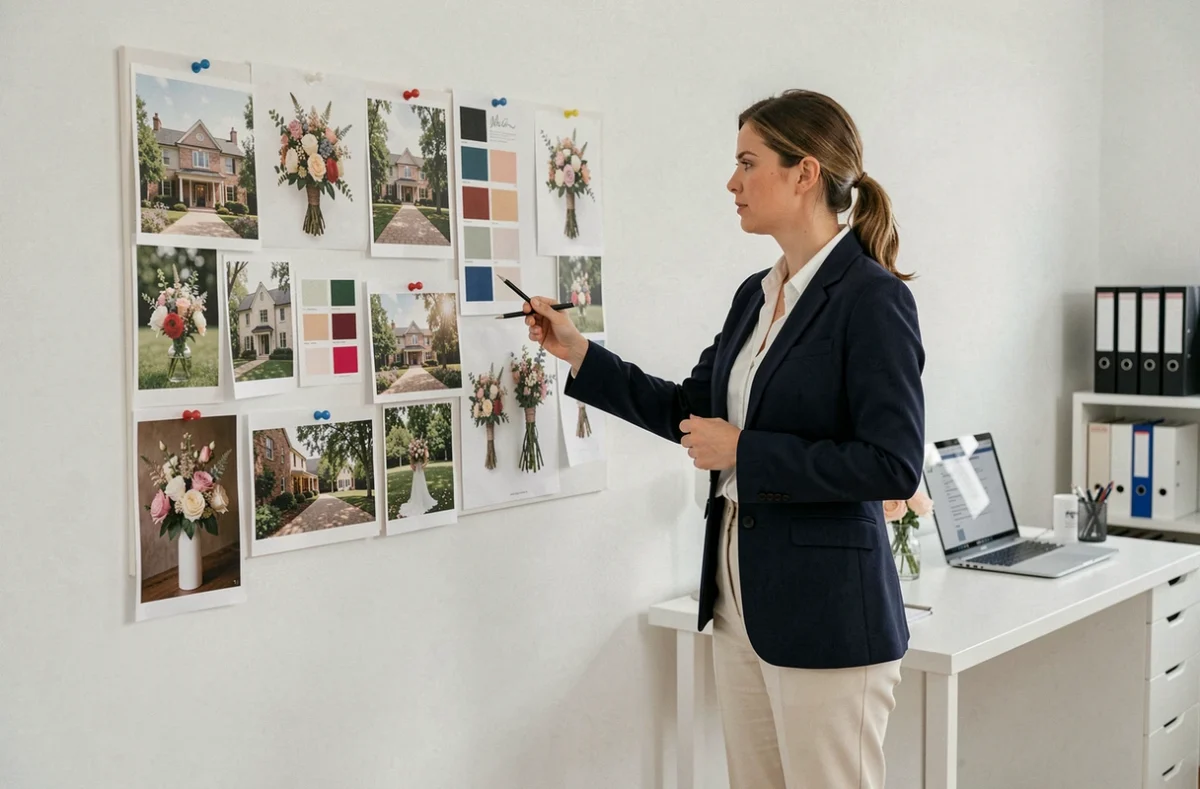 Wedding planner professionnelle présentant un tableau d'inspiration pour un mariage dans un studio moderne